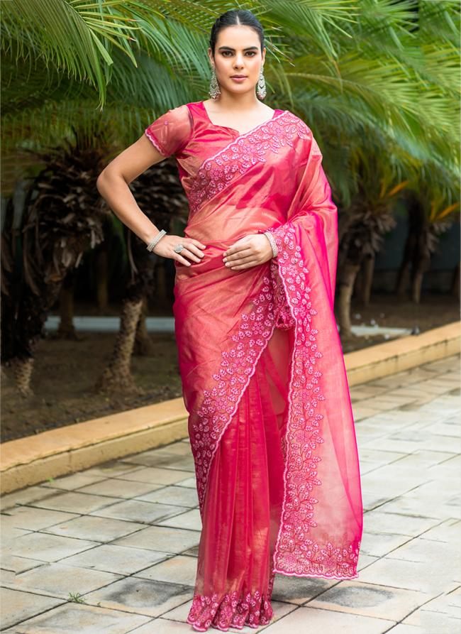 Gold Infused Pink Party Wear Twill Work Saree